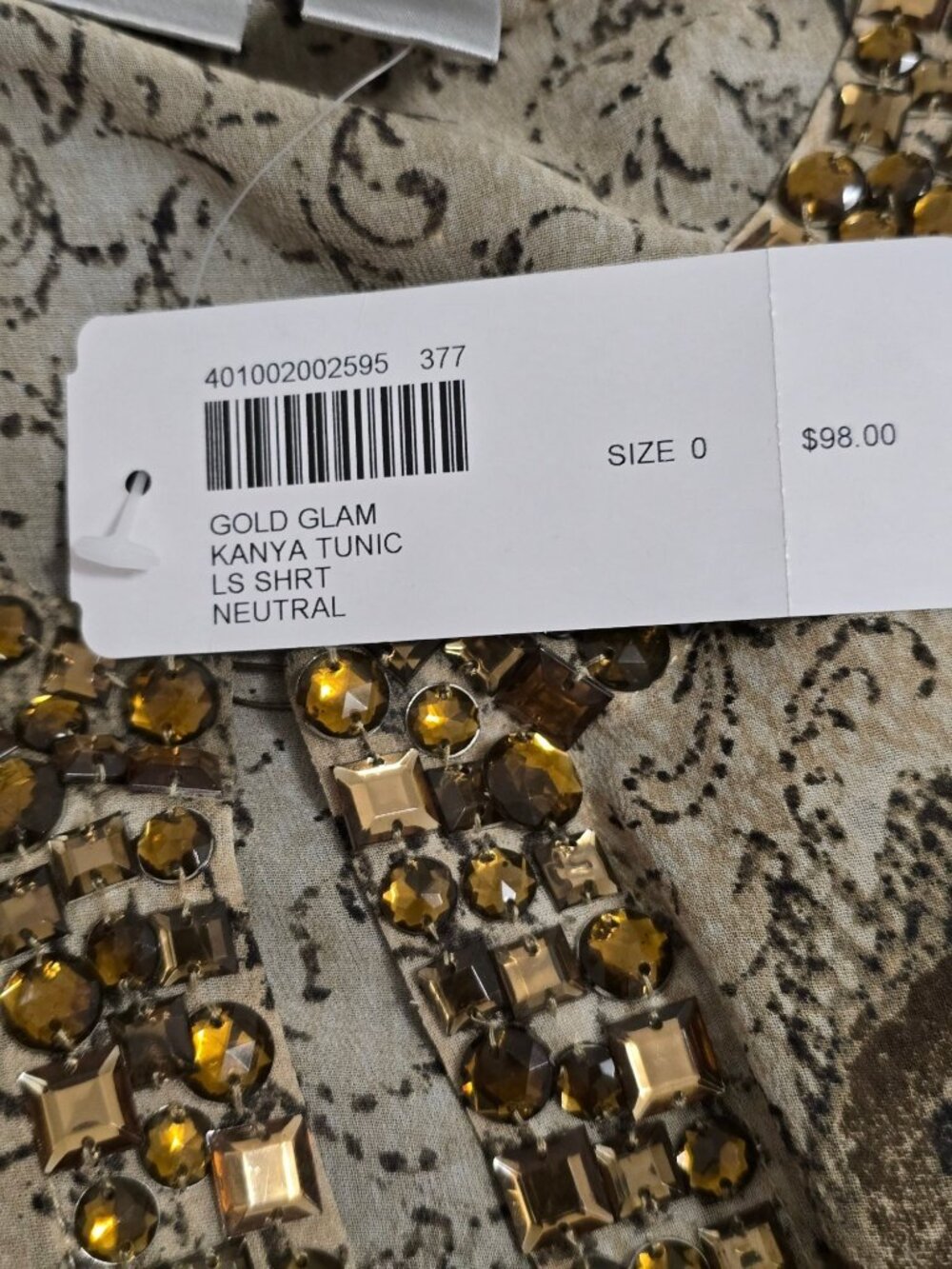 Chicos Size 0 Gold Glam Tunic Beaded Neckline Floral Long Sleeve 100% Silk - Picture 3 of 12